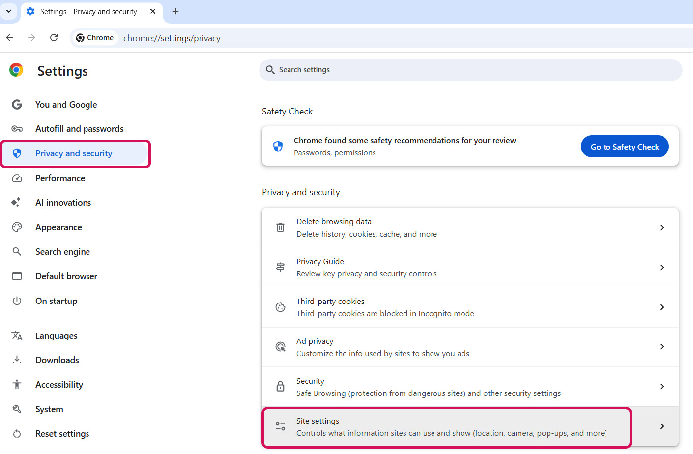 Privacy and Security Settings (Figure 3-2)